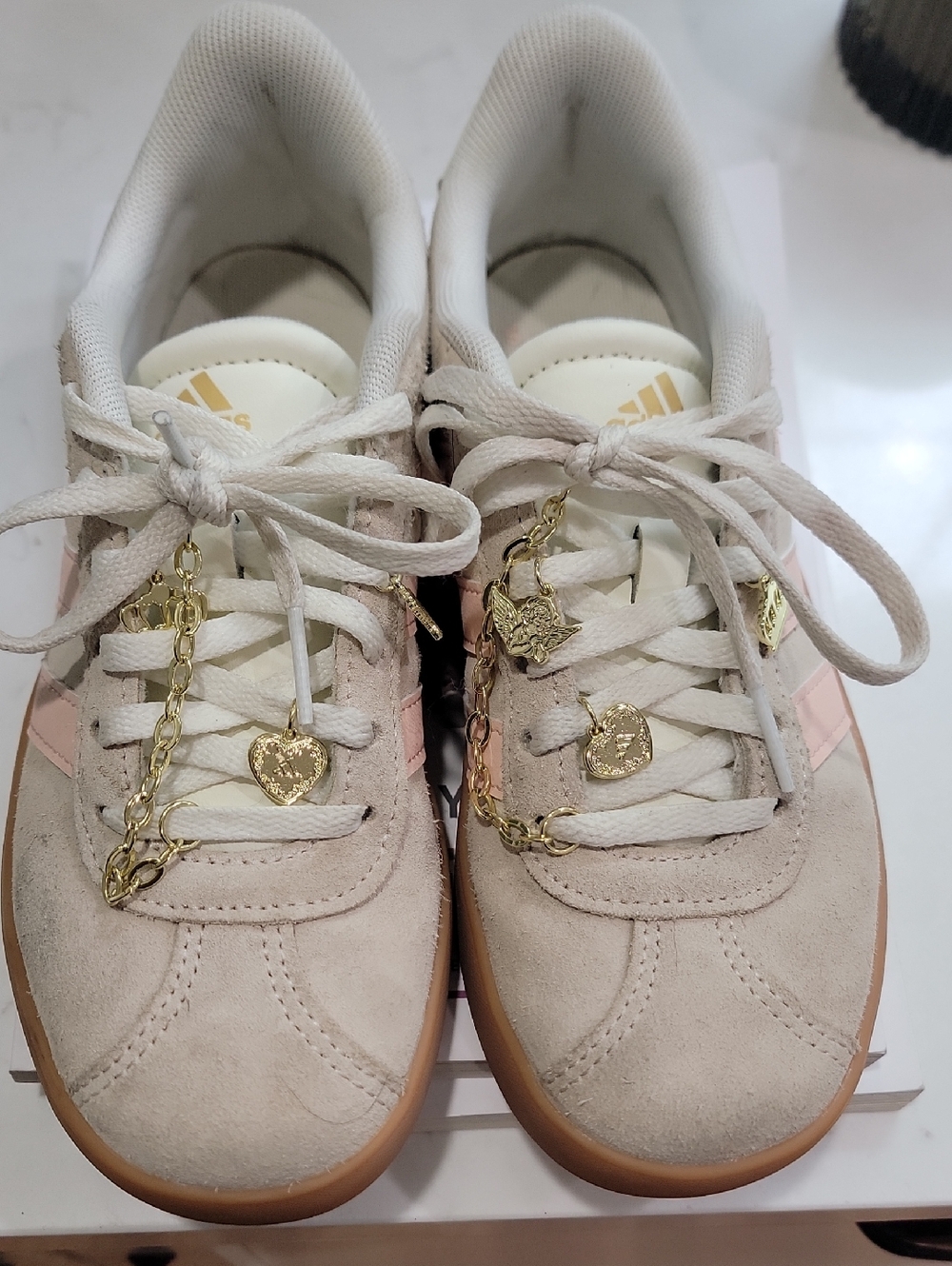 Adidas Girls Suede Lace-Up Sneakers in Beige with Pink Accent